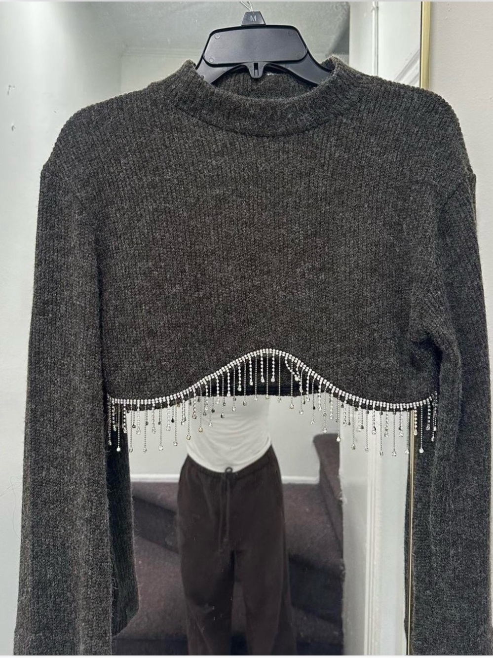 Zara Charcoal Beaded Fringe Cropped Crewneck Sweater